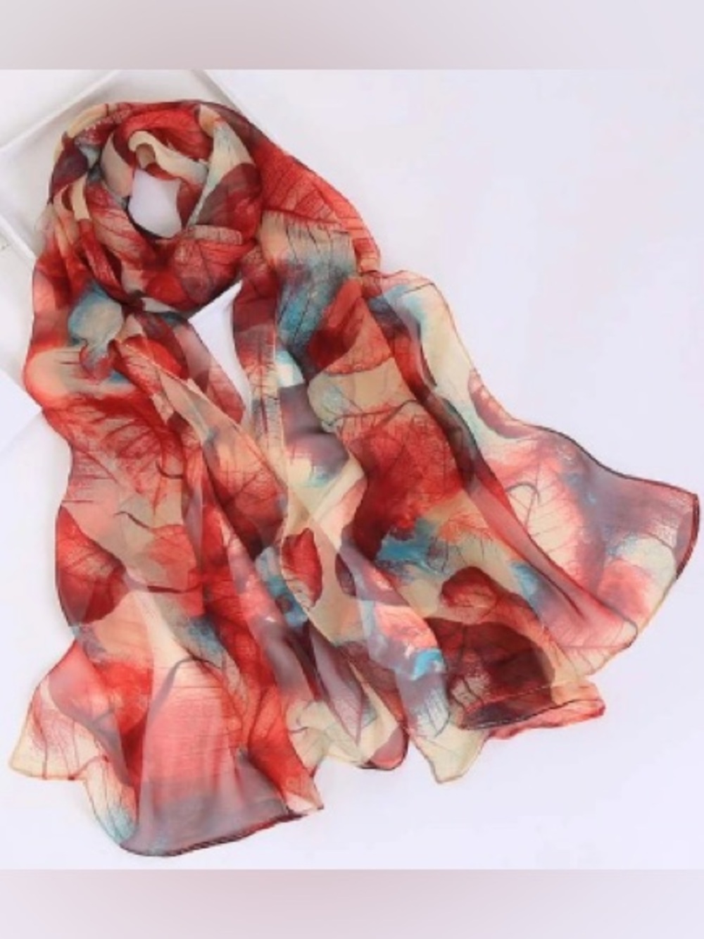 Cascading Leaves Scarf - Crimson & Blue